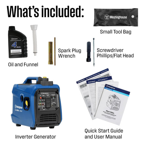 "Beast 1500 Peak Watt Portable Inverter Generator, Ultra Quiet and Lightweight, with accessories including oil, funnel, and manuals"