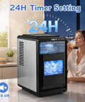 Compact Counter Top Ice Cube Machine Whips up 16 Crisp Crescent Cubes in Just 15 Mins With 11 Adjustable Thickness Options To Crush Your Cocktail Game And Serve Sick Chills For Parties Or Lazy Weekends At Home. Timer display with woman enjoying drink.