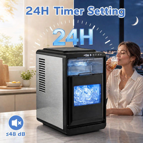 Compact Counter Top Ice Cube Machine Whips up 16 Crisp Crescent Cubes in Just 15 Mins With 11 Adjustable Thickness Options To Crush Your Cocktail Game And Serve Sick Chills For Parties Or Lazy Weekends At Home. Timer display with woman enjoying drink.