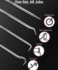 4 Piece Hook And Pick Set for tight spaces, showing straight pick, 135° combo pick, 90° pick, and 45° hook on a black background.