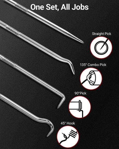 4 Piece Hook And Pick Set for tight spaces, showing straight pick, 135° combo pick, 90° pick, and 45° hook on a black background.