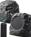 Outdoor Rock Speaker With 60W Deep Bass And Remote Control IPX7 Waterproof Solar Powered Bluetooth Speaker For Poolside Party Ready Garden And Patio Multi Sync Up To 100 Units Two Pack showing rock design with remote control.