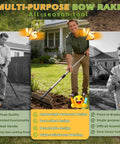Comparison of multi-purpose rake features with a man using 49-inch 2-in-1 metal garden rake for weeding and loosening soil.