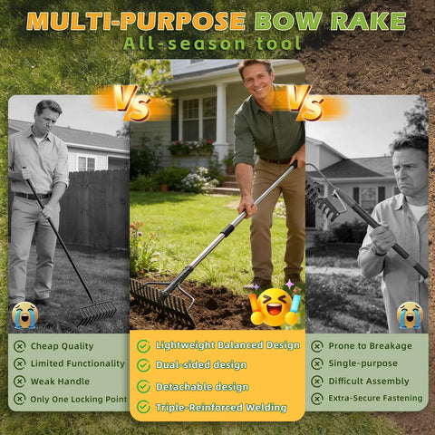 Comparison of multi-purpose rake features with a man using 49-inch 2-in-1 metal garden rake for weeding and loosening soil.