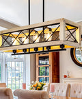 Farmhouse Style Metal Kitchen Island Light Fixture With Wood Frame Pendant Lights Height Adjustable Hanging Chandelier Five Light Iron Linear Chandelier For Dining Room E26 Base Matte Black Finish