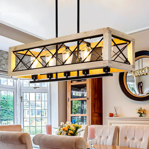 Farmhouse Style Metal Kitchen Island Light Fixture With Wood Frame Pendant Lights Height Adjustable Hanging Chandelier Five Light Iron Linear Chandelier For Dining Room E26 Base Matte Black Finish