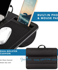 Home Office Pro Lap Desk With Wrist Rest, Mouse Pad, And Phone Holder In Black Carbon Finish showing features and airflow cushion.