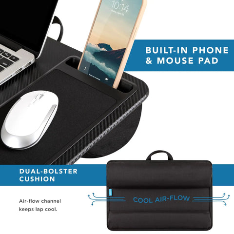 Home Office Pro Lap Desk With Wrist Rest, Mouse Pad, And Phone Holder In Black Carbon Finish showing features and airflow cushion.
