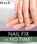 Close-up of manicured nails with natural finish. "ibd" logo, text: Nail Fix in No Time! 5 Second Brush On Nail Glue That Dries In A Snap.