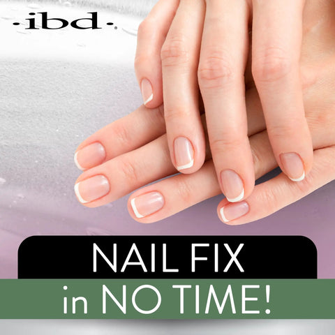 Close-up of manicured nails with natural finish. "ibd" logo, text: Nail Fix in No Time! 5 Second Brush On Nail Glue That Dries In A Snap.