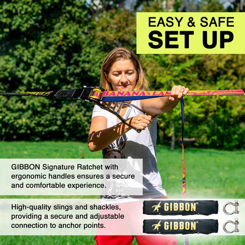 Woman setting up BananaLama XL Slackline With TreeWear Do It All Slack Line Kit Eighty Two Feet By One Point Five Inch