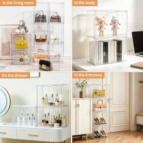Clear Acrylic Purses And Handbag Organizer Display Case Set With Magnetic Door in various room settings, stackable storage