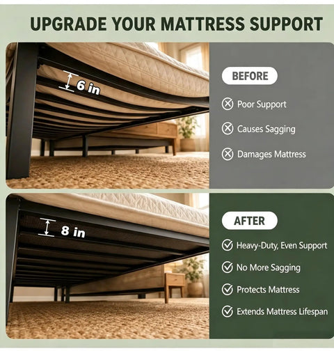Queen Size Bunkie Board 60x80 Heavy Duty Mattress Support Keeps Your Bed Level Zero Sag Foundation shown under mattress upgrade.