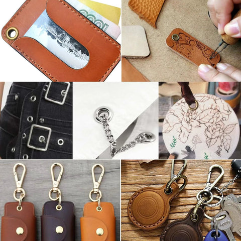 Various applications of the Grommet Tool Kit 1003 Pieces with 1000 Eyelets and Washers for leather, belts, and fabric crafts.