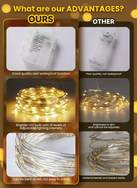 Comparison of Battery Operated Fairy Lights With Remote 33Ft 100 LED Waterproof IP44 Indoor Outdoor Go Anywhere Starry Twinkle Decor.