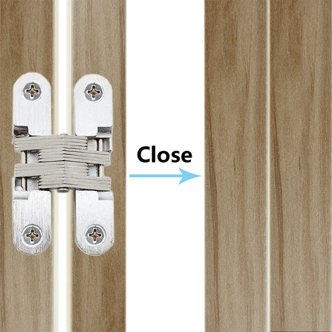 2 Pack Invisible Hinge For Cabinets And Doors, Hidden Concealed Hinge With 180 Degree Swing, mounted on wooden surface