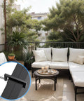 Outdoor rattan sofa with 4 Pack Adjustable Sectional Couch Connectors, 2.36 inch clamp clips securing white patio cushions.