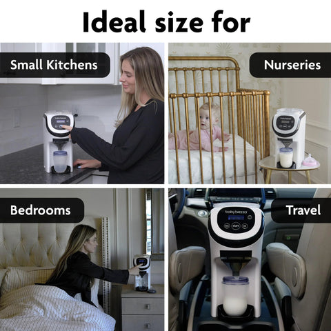 Baby Brezza Formula Pro Mini white bottle maker; compact, travel-ready, shown in kitchen, nursery, bedroom, car