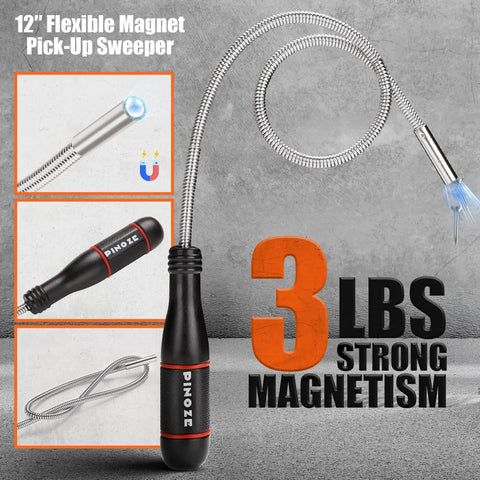 Collapsible Magnetic Parts Tray Organizer Set with 12 Inch Flexible Magnetic Pickup Tool, black handle, strong magnetism