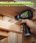 Eight Volt Cordless Drill Driver Kit with 53 Piece Bit Set being used overhead in wooden structure, LED Work Light visible