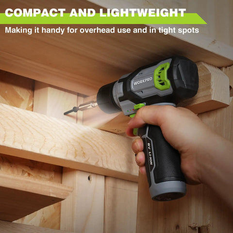 Eight Volt Cordless Drill Driver Kit with 53 Piece Bit Set being used overhead in wooden structure, LED Work Light visible