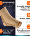All Day Wear 20 To 30 MmHg Compression Sock For Foot Pain Relief Targeting Plantar Fasciitis And Achilles Tendonitis, beige sock with features.
