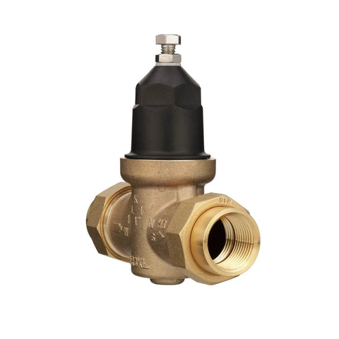 NR3XL 1 Inch Pressure Reducing Valve With Double Union FNPT Connection, Cartridge-Loaded Design, Handy Potable Water Regulator For Easy Repairs And Flexible Tailpieces Like Threaded, PEX, Copper Sweat, CPVC. 1 inch bronze pressure reducing valve with FNPT unions