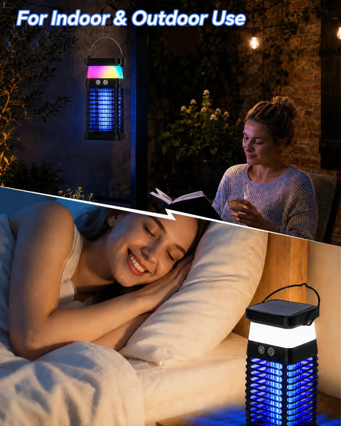 Woman reading by Solar Powered 3 In 1 Mosquito Zapper With Flickering Flame And RGB Light Totally Cordless Waterproof Bug Repellent.