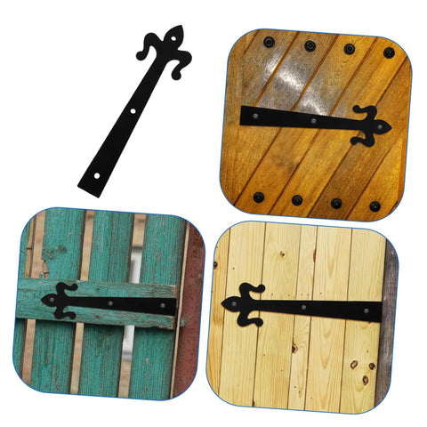 HAKIDZEL heavy-duty black iron cabinet hinge with fleur-de-lis end; shown mounted on doors in multiple views.