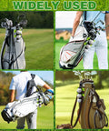 Collage showing 2 In 1 Golf Ball Tees Holder With Quick Release Hook on different golf bags on the course.