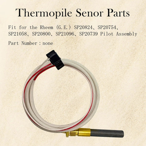 Thermopile sensor with white cable and brass pilot tip; for Rheem/Ruud/Richmond water heater pilot assemblies.