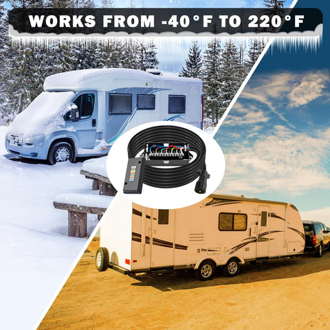Heavy Duty 15 Ft Trailer Wiring Harness Kit With 7 Way Cord, 7 Pin Plug And Junction Box, shown with RV in various weather conditions