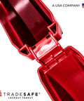 Close-up of Heavy Duty Gate Valve Lockout Red Lockout Tagout Device for 18 to 24 Inch Valve Handles with hinge detail