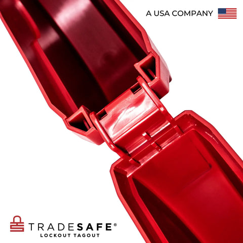 Close-up of Heavy Duty Gate Valve Lockout Red Lockout Tagout Device for 18 to 24 Inch Valve Handles with hinge detail