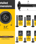 Detailed dimensions of All In One 185 Piece 8 Self Tapping Screws Kit for Metal Plastic and Wood, showing various lengths and sizes.