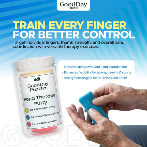 Hand Therapy Putty 3 Piece Set For Grip Strength, Stress Relief And Sensory Therapy For Adults with hand using blue putty