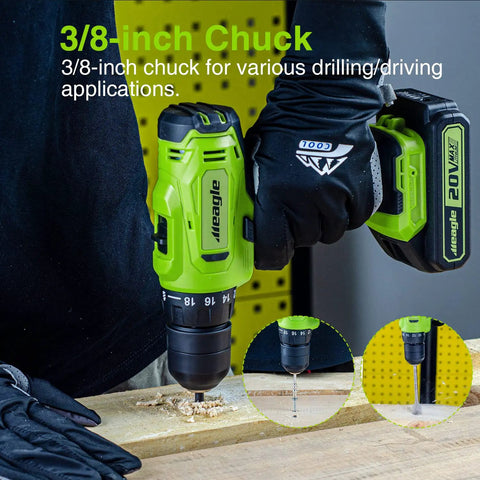 Man using Cordless 20V Drill Kit With Battery And Charger Two Speed Gear Eighteen Plus One Torque Settings Three Eighths Inch Chuck