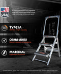 Foldable Three Step Safety Stool With Extra Wide Treads And Rubber Non Slip Grips For Stable Comfortable Indoor Use Perfect For Reaching Cabinets And Shelves And Everyday Home Projects Step Up Your DIY Game. aluminum 3-step stool, Type IA 300 lb rating