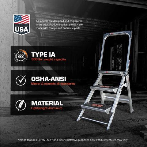 Foldable Three Step Safety Stool With Extra Wide Treads And Rubber Non Slip Grips For Stable Comfortable Indoor Use Perfect For Reaching Cabinets And Shelves And Everyday Home Projects Step Up Your DIY Game. aluminum 3-step stool, Type IA 300 lb rating