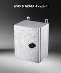 IP65 Weatherproof Stainless Steel Wall Mount Enclosure Box With Mounting Plate And Wall Bracket Measuring 10x8x6 Inches For Indoor Outdoor Electrical Controls NEMA 4 Rated Tough Durable And Ready shown with rain droplets