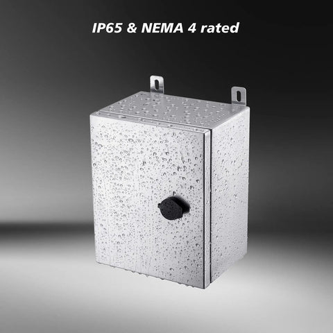 IP65 Weatherproof Stainless Steel Wall Mount Enclosure Box With Mounting Plate And Wall Bracket Measuring 10x8x6 Inches For Indoor Outdoor Electrical Controls NEMA 4 Rated Tough Durable And Ready shown with rain droplets