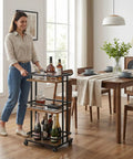 Kicking Your Hosting Game Up A Notch Requires This Rolling Three Tier Bar Cart Featuring Smooth Casters And Smart Storage Shelves For Effortless Drinks Service Across Any Kitchen Or Living Area Making Organization A Breeze And Entertaining Totally with woman serving drinks.