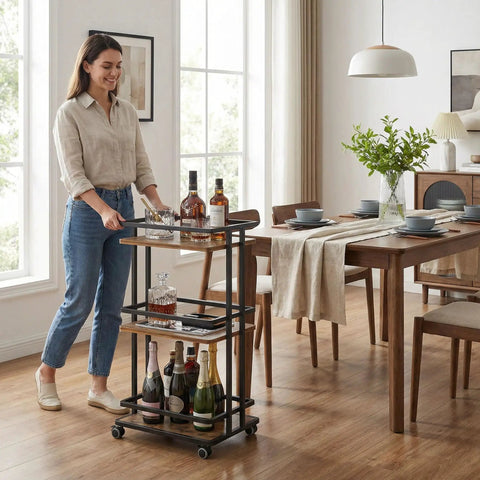 Kicking Your Hosting Game Up A Notch Requires This Rolling Three Tier Bar Cart Featuring Smooth Casters And Smart Storage Shelves For Effortless Drinks Service Across Any Kitchen Or Living Area Making Organization A Breeze And Entertaining Totally with woman serving drinks.