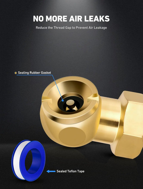 2 Pack Closed Ball Air Chucks With 360 Degree Swivel Plug For Leak Free Tire Inflation Hose Safe Design Keeps Hoses From Scratching Fittings Easy Quick Connect Pneumatic Adapters Durable Brass Build, brass chuck with rubber gasket and Teflon tape