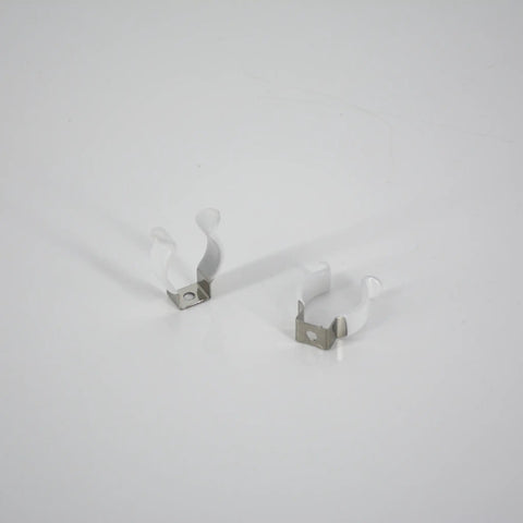 Two stainless steel T8 U clip brackets with plastic lip visible for 8ft LED tubes, part of 24 Pack T8 U Clip Holder Brackets.