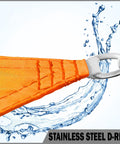 Close-up of Orange Triangle 16 Ft By 16 Ft By 16 Ft Waterproof Sun Shade Sail stainless steel D-ring with water droplets