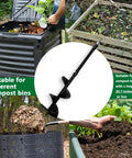 Graphic of 26.7 Inch Compost Stirring Tool for Outdoor Tumbler Bins, showing tool next to various garden compost bins.