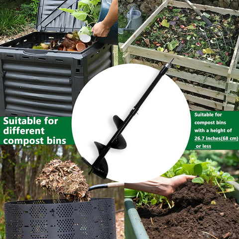Graphic of 26.7 Inch Compost Stirring Tool for Outdoor Tumbler Bins, showing tool next to various garden compost bins.