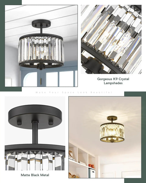 Semi Flush Mount Ceiling Light Fixture With 11 Inch Crystal Beads, 3 Light Modern Lamps In Matte Black Finish For Bathroom, Dining Room, Hallway And Bedroom, Glam Crystal Chandelier Style Home Lighting