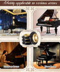 4 Pcs Piano Caster Cups Set For Hardwood Floors Metal Rubber Construction showing use in music hall, hotel lobby, piano room, and with pianist